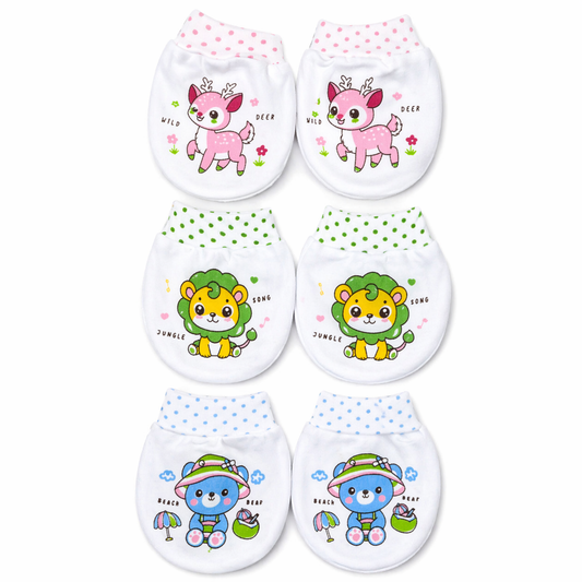 Baby Soft Cotton Mittens Pack of 3 | Newborn Anti Scratch Gloves | Cute Cartoon Design | 0-6 Months