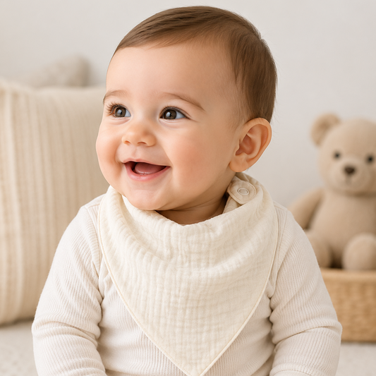 Baby wearing a white bib and sitting on a light-colored surface with a teddy bear in the background.