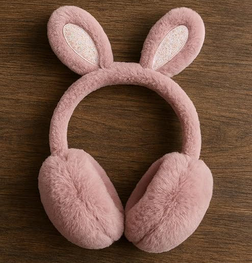 Pink bunny ear muffs on a wooden surface