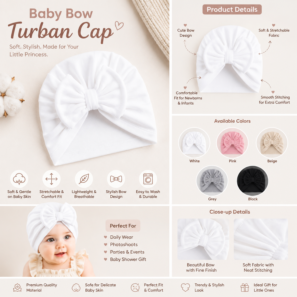 White Baby Bow Turban Cap for Newborn Baby Girls