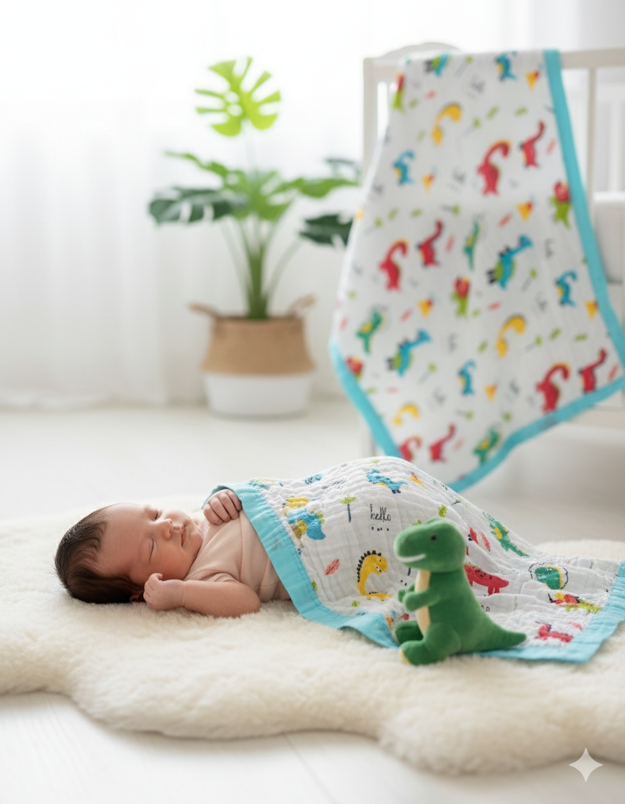 WooAttire Powder Blue Muslin Baby Blanket with Sky Blue Border