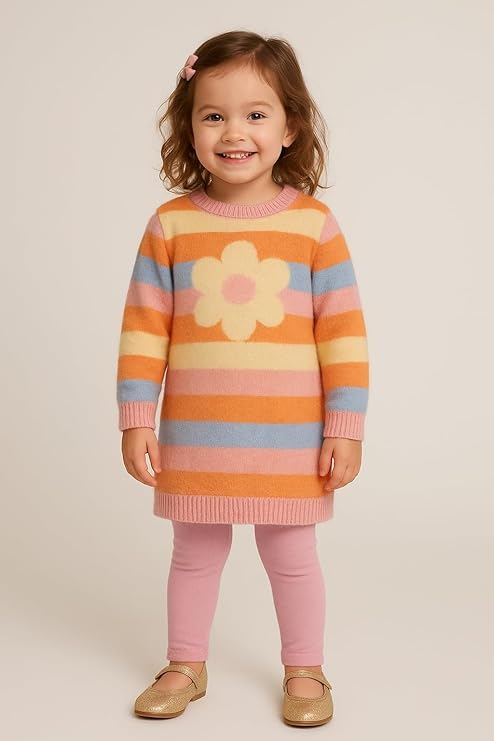 Girls Wool Blend Winter Sweater Dress with Flower Pattern | Full Sleeve | 2–3 Years