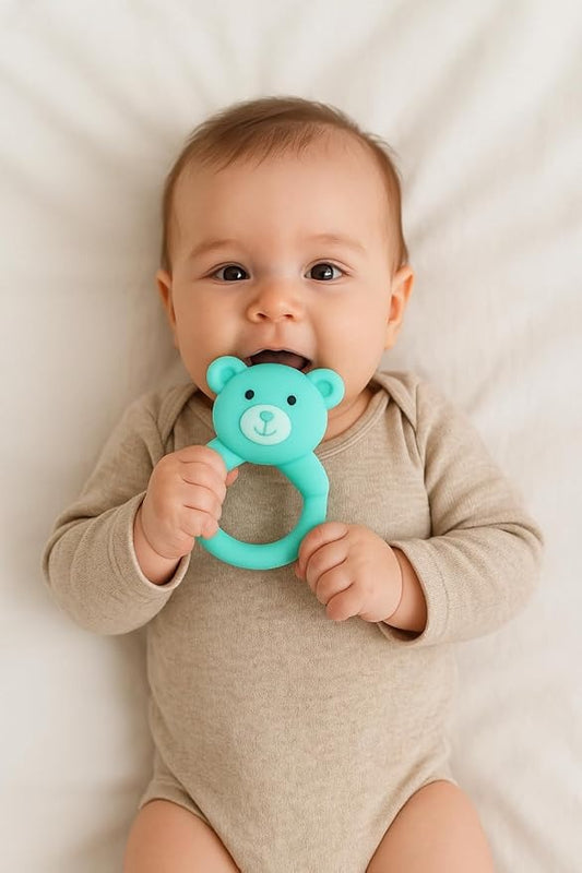 Baby Teething Rattle Bear Silicone | 2-in-1 Soft Safe Teether Toy