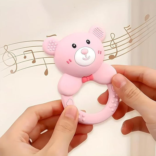 Baby Teething Rattle Bear Silicone | 2-in-1 Soft Safe Teether Toy