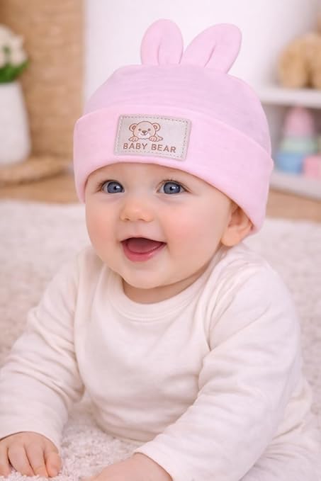 Baby Pink Bunny Ear Cotton Cap for Girls for 0–12 Months