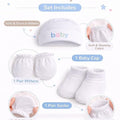 5-piece newborn baby gift set with cap, mittens, and socks on a white background