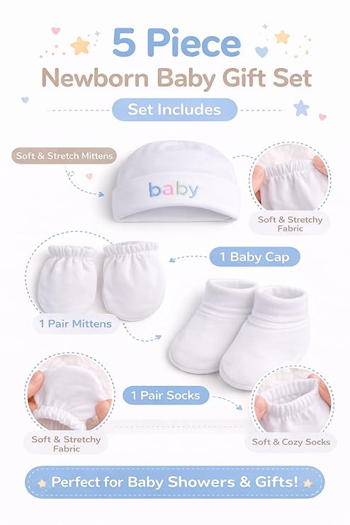 5-piece newborn baby gift set with cap, mittens, and socks on a white background