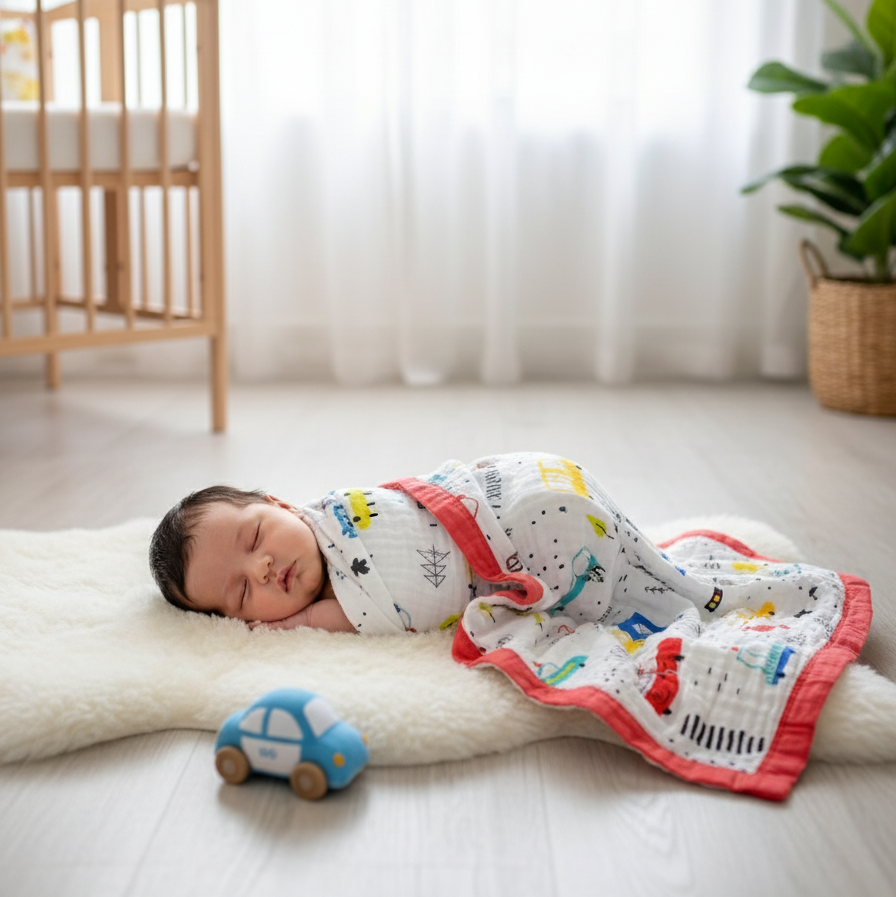Baby sleeping on a white blanket with a colorful blanket draped over, in a room with a crib and plant.