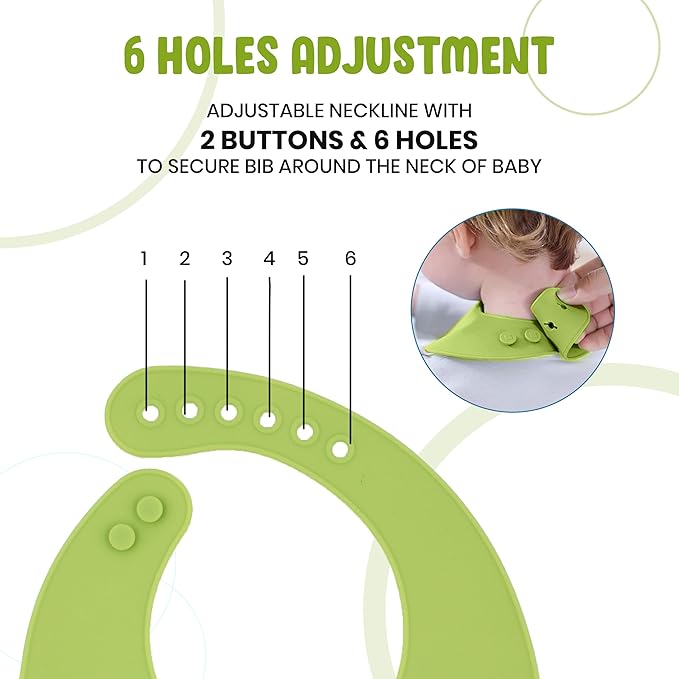 Green adjustable bib with 6 holes and 2 buttons, showing how to secure it around a baby's neck.