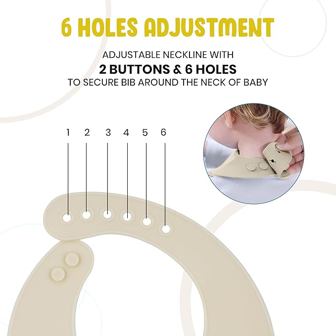 Adjustable bib strap with 6 holes and 2 buttons for baby bibs, showing a close-up of use.