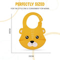 Yellow cartoon lion bib with measurements on a white background