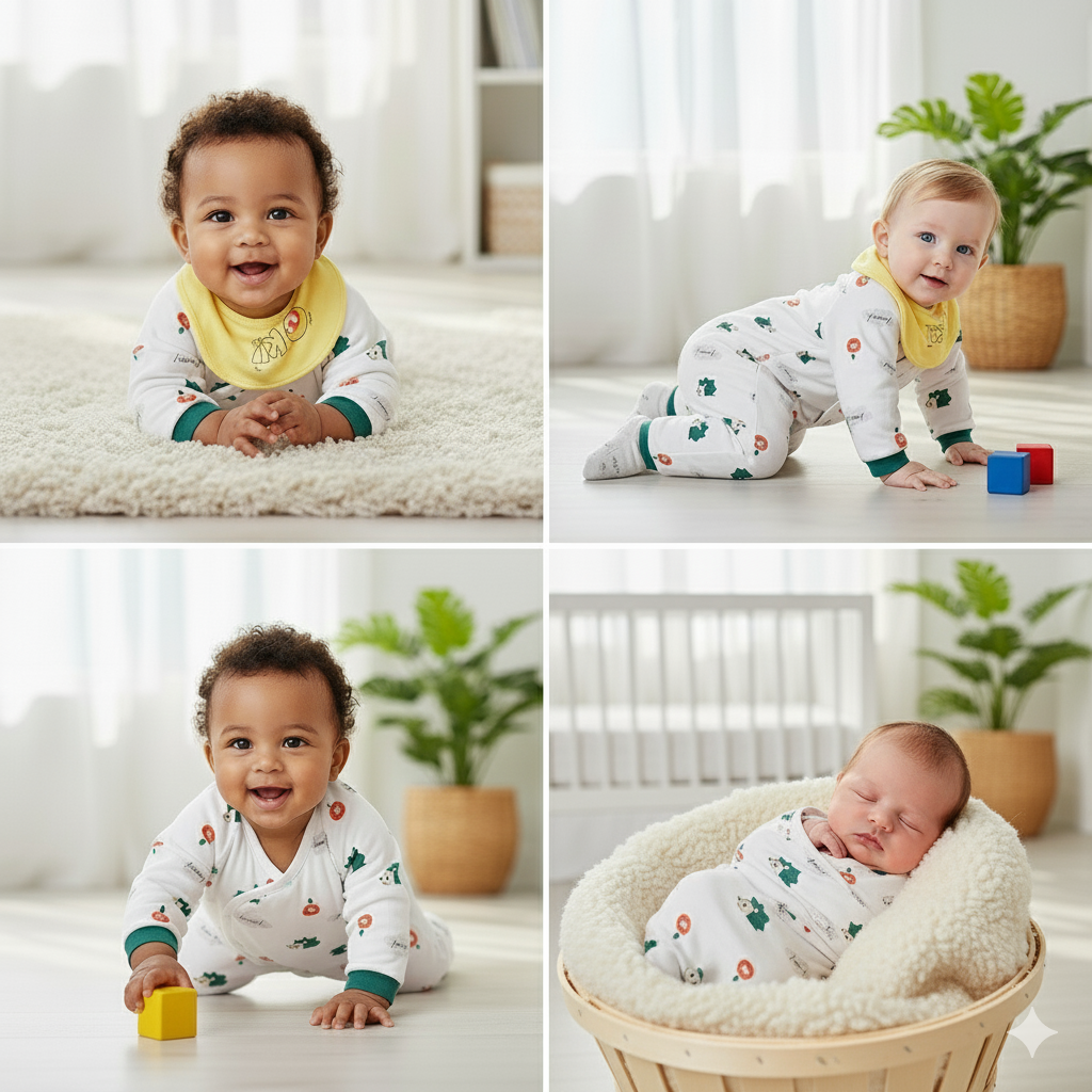 Collage of a baby in various activities with a white background