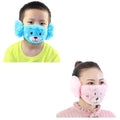 Two people wearing cartoon-themed face masks with bear designs on a white background.