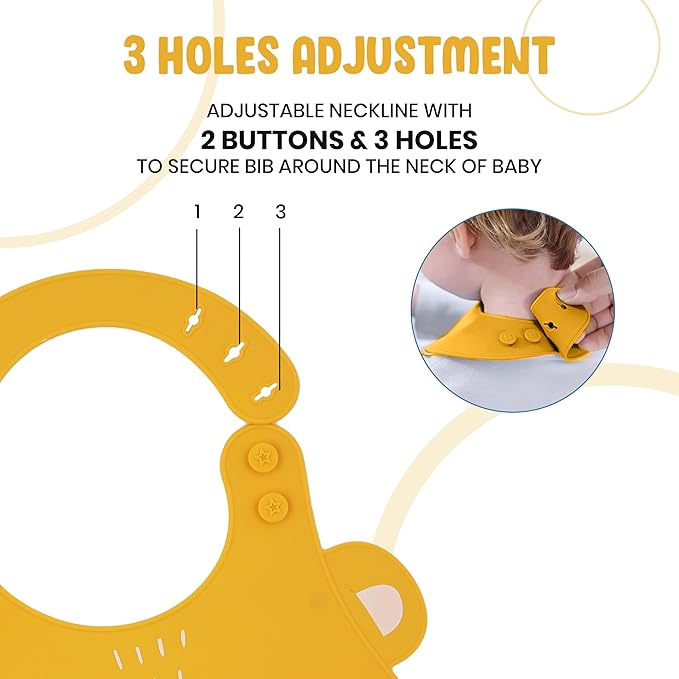 Yellow bib with adjustable neckline featuring buttons and holes, labeled for baby use.