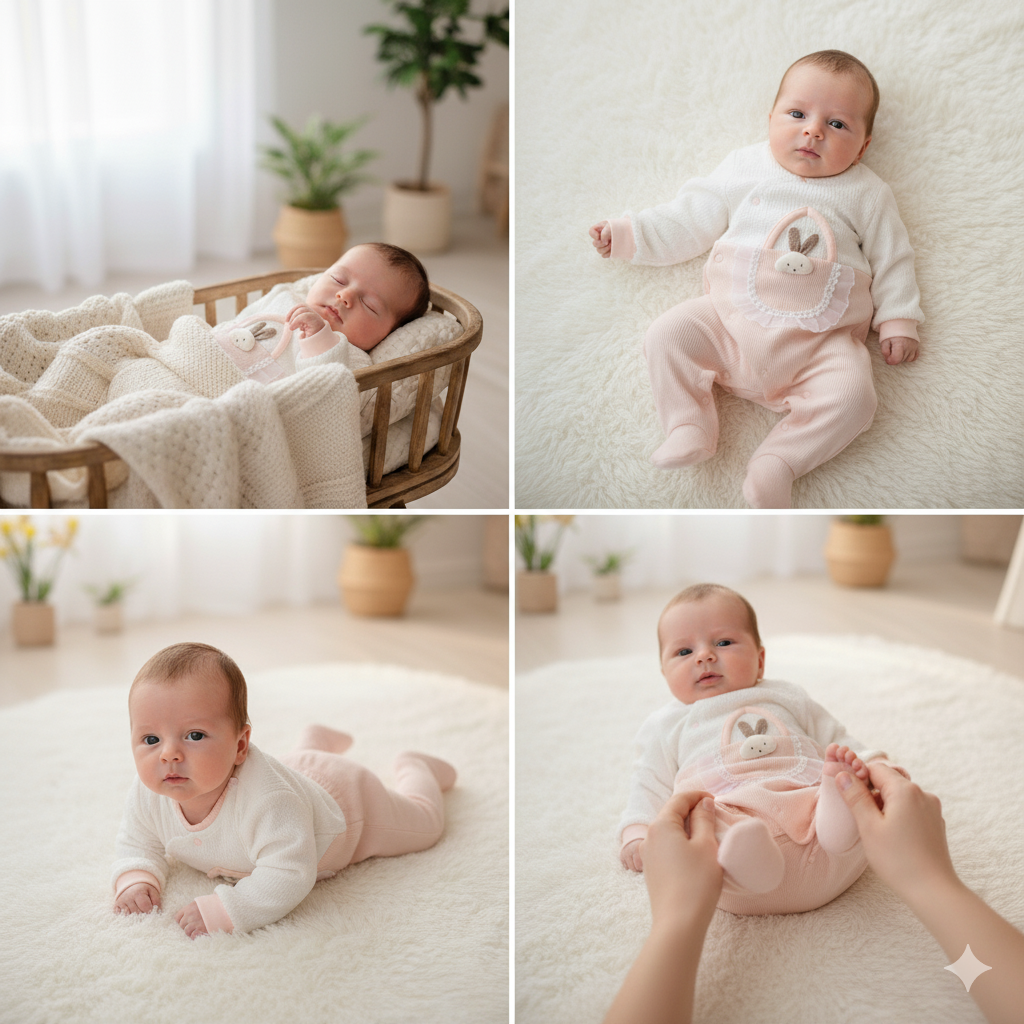 Collage of a baby in various poses on a soft surface with a neutral background.