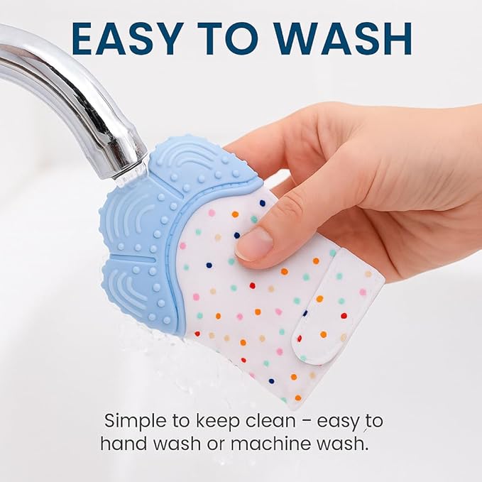 Hand holding a colorful polka dot faucet cover with text 'EASY TO WASH' and 'Simple to keep clean - easy to hand wash or machine wash.'.