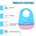 Baby bib with blue and pink design, featuring 'Little Whale' text, and product features listed.