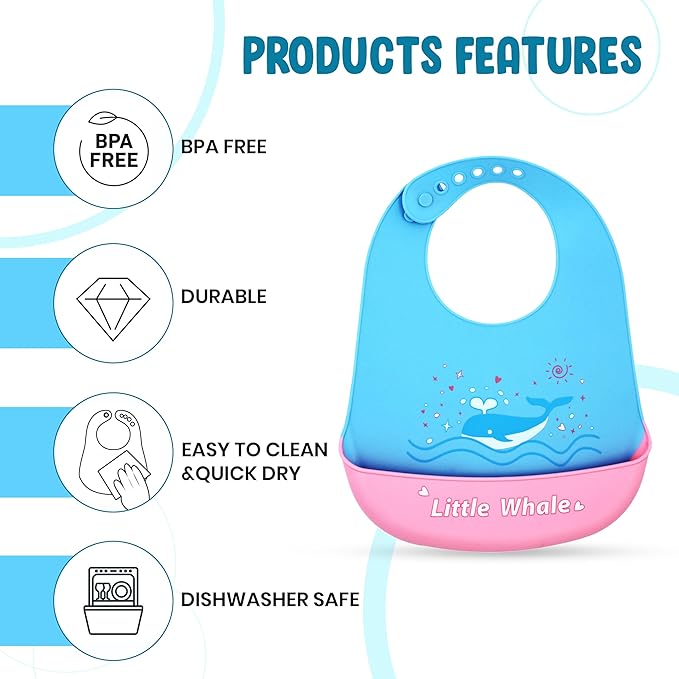 Baby bib with blue and pink design, featuring 'Little Whale' text, and product features listed.