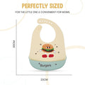 Baby bib with cartoon burger design and measurements on a white background