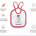 Baby bib with cartoon design and text on a white background