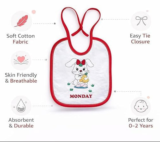 Baby bib with cartoon design and text on a white background