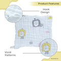 Baby blanket with lion patterns and hook design, labeled 'Product Features' on a white background.