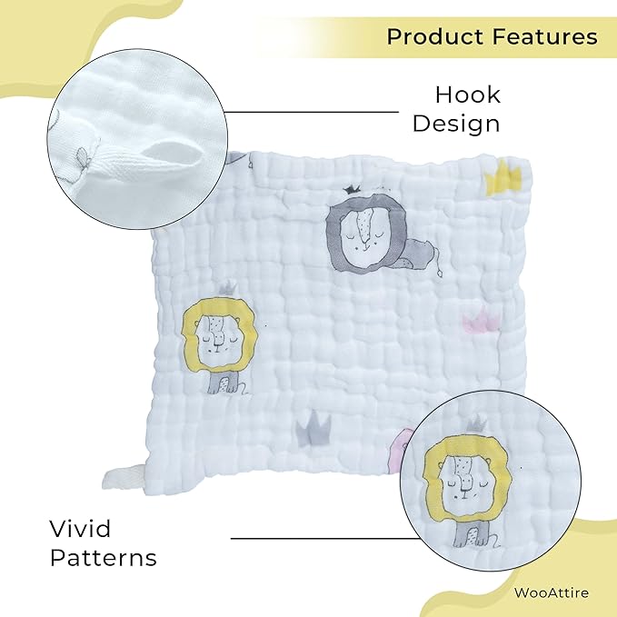 Baby blanket with lion patterns and hook design, labeled 'Product Features' on a white background.
