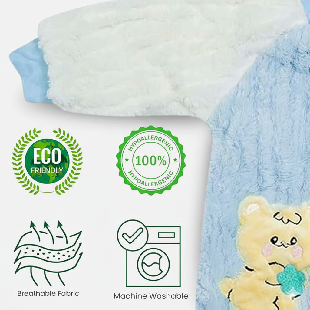 Baby blanket with teddy bear, eco-friendly and hypoallergenic labels, breathable fabric, and machine washable icons.