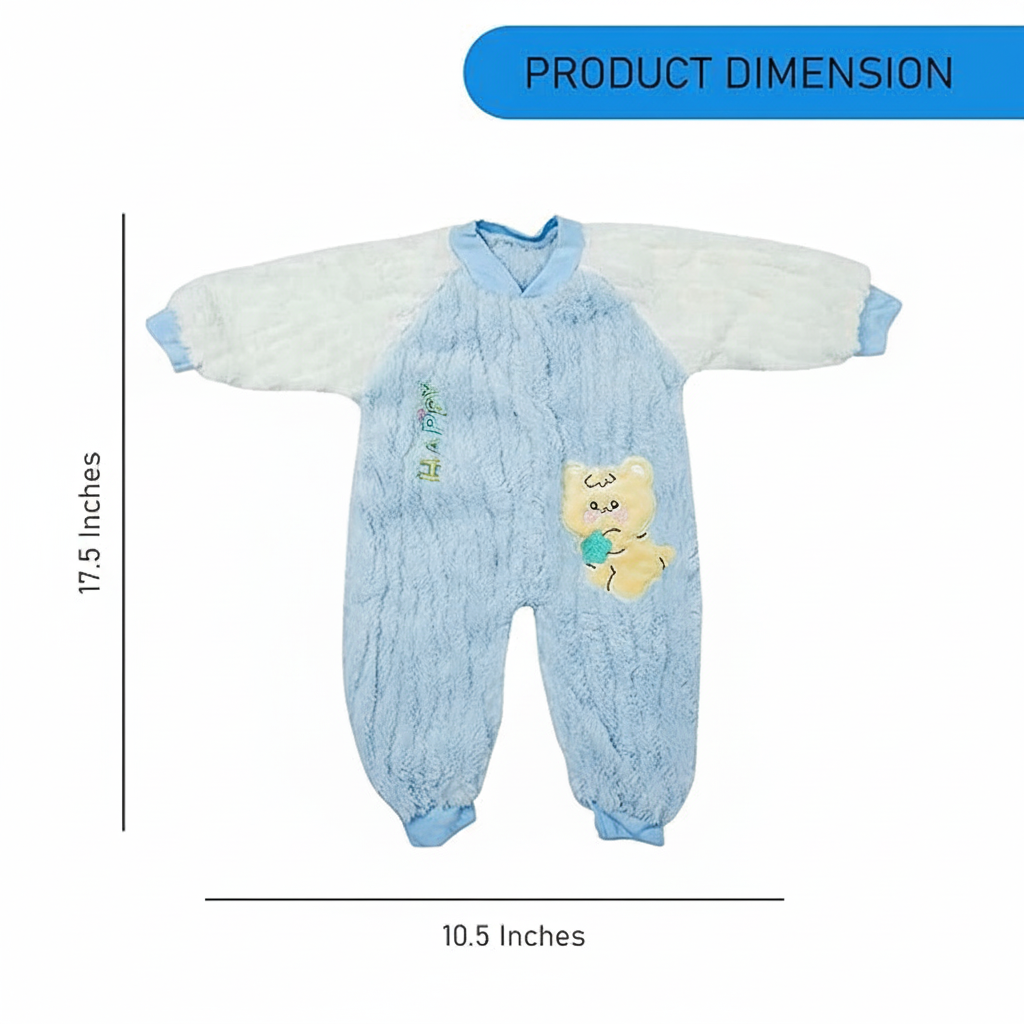 Baby blue onesie with teddy bear design and dimensions on a white background