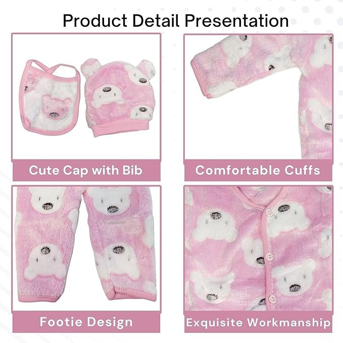 Baby clothing set with cap, bib, and footies featuring bear designs on a pink background.