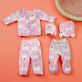 Baby clothing set with pink bear pattern on a coral background
