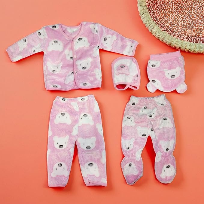 Baby clothing set with pink bear pattern on a coral background