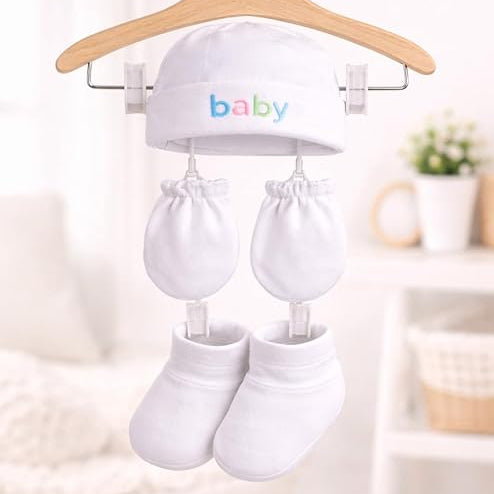 Baby hat and booties set hanging on a wooden hanger with clips against a blurred indoor background.