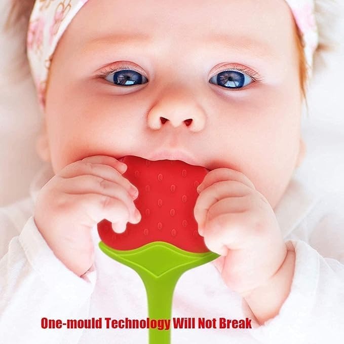 Baby holding a red and green silicone teether with text 'One-mould Technology Will Not Break'.