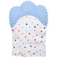 Baby mitt with blue textured top and multicolored dot pattern on white background