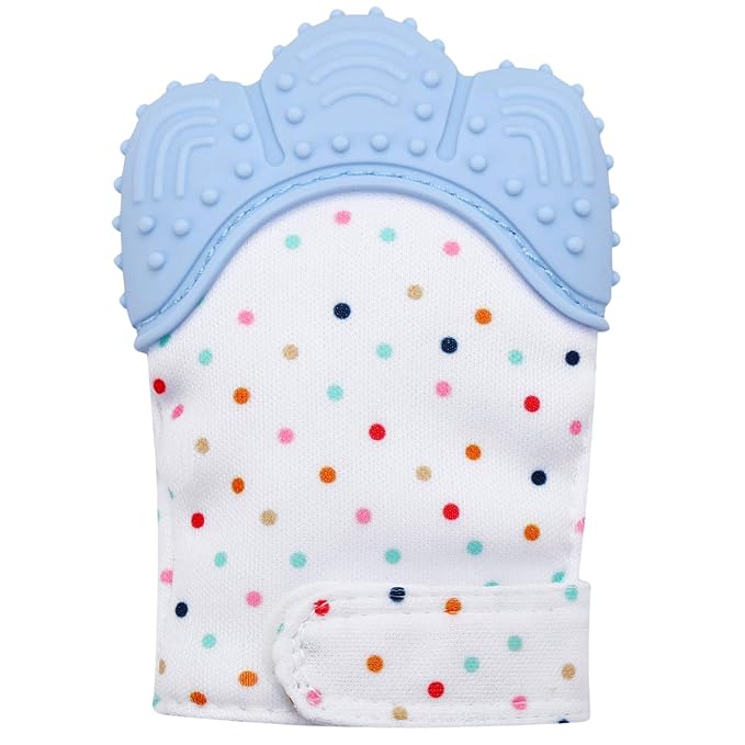 Baby mitt with blue textured top and multicolored dot pattern on white background