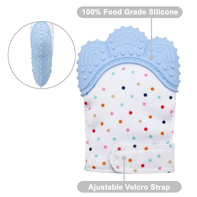 Baby mitt with colorful polka dots and blue textured top, featuring adjustable velcro strap and 100% food grade silicone.