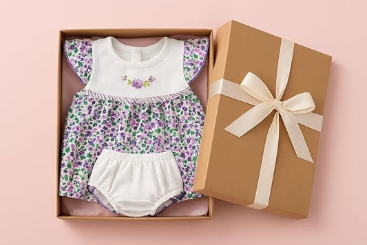 Baby outfit with floral pattern and white bloomers in a gift box on a pink background