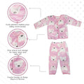 Baby outfit with pink bear pattern on a white background