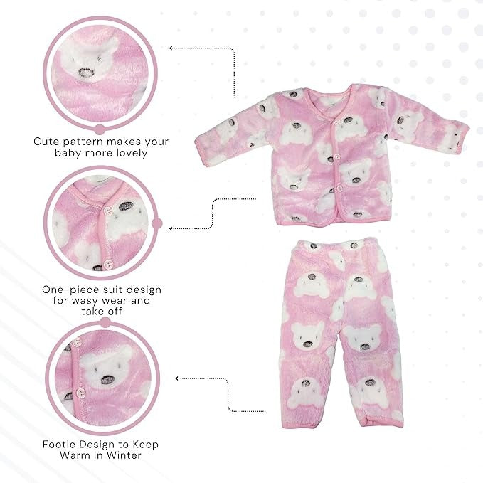 Baby outfit with pink bear pattern on a white background