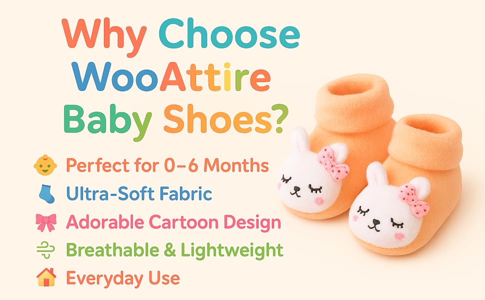 Baby shoes with cartoon designs on a light background, featuring text about WooAttire baby shoes.