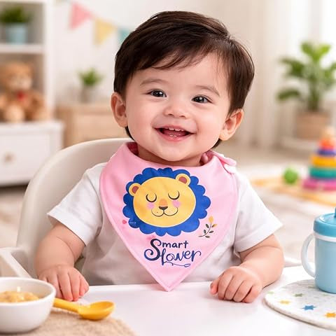 Baby sitting at a high chair wearing a bib with a lion design, surrounded by more images of children wearing various bibs.