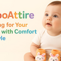Baby sitting with baby shoes, surrounded by 'WooAttire' text on a light background