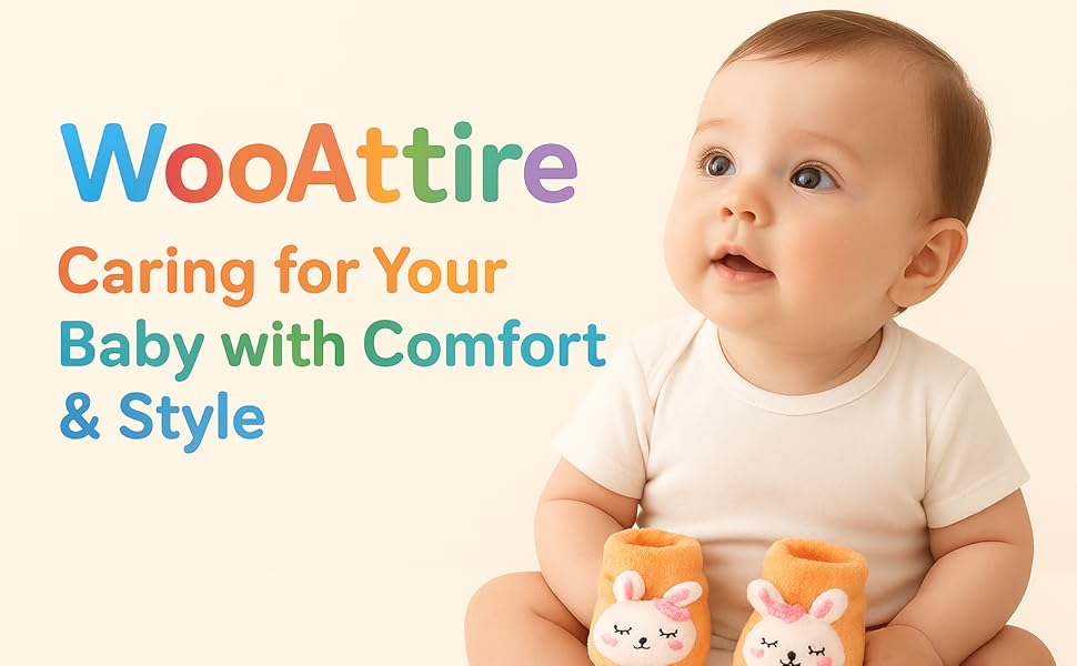 Baby sitting with baby shoes, surrounded by 'WooAttire' text on a light background