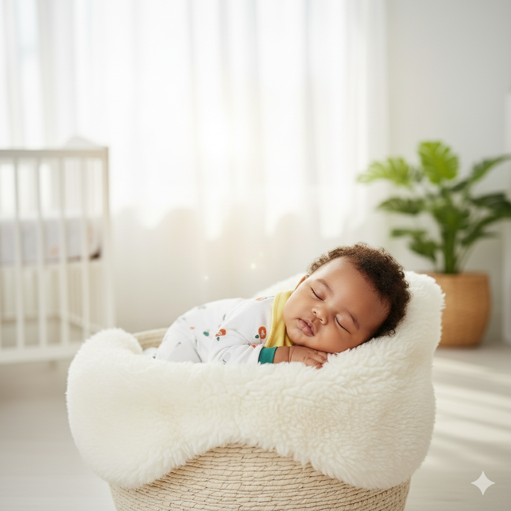 Baby sleeping in a white basket with a blurred background