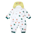 Baby snowsuit with frog pattern and yellow hat on a white background