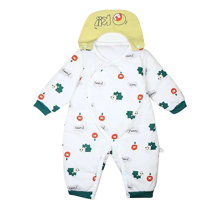 Baby snowsuit with frog pattern and yellow hat on a white background