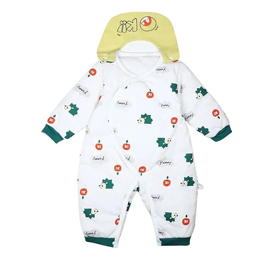 Baby snowsuit with frog pattern and yellow hat on a white background