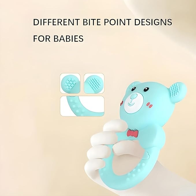 Baby teething toy with different bite point designs on a beige background