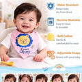 Baby wearing a bib with cartoon lion design, surrounded by images of other babies wearing different bibs.